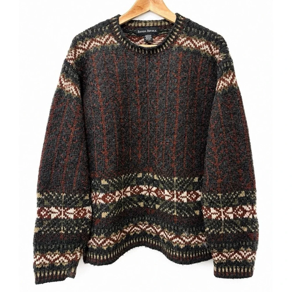 Banana Republic Mens S Fair Isle Sweater Lambswool Wool Nordic Crewneck Pullover